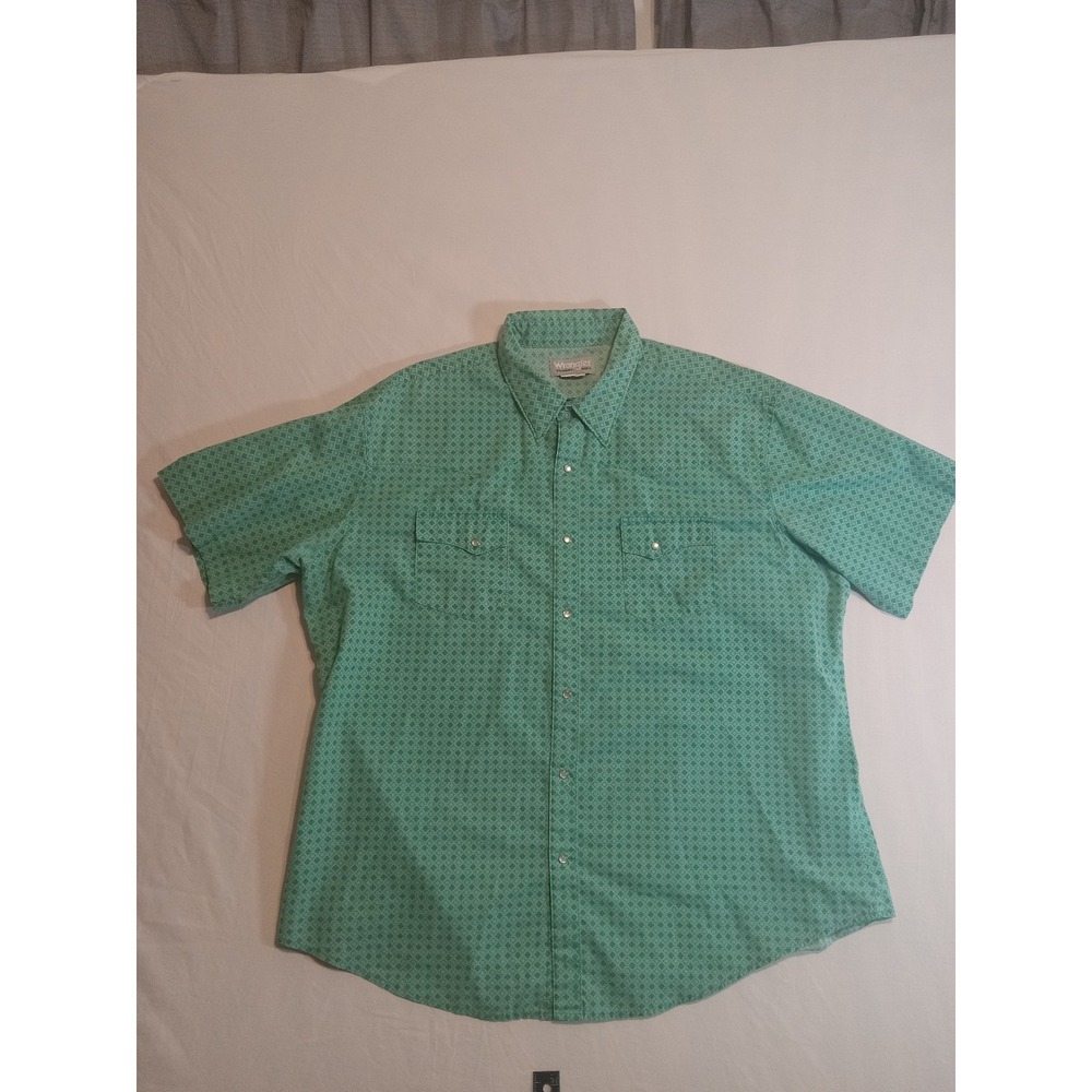 Wrangler Wrancher Shirt Men's 2XL Big Green Diamond Pattern S/S Pearl Snap Shirt